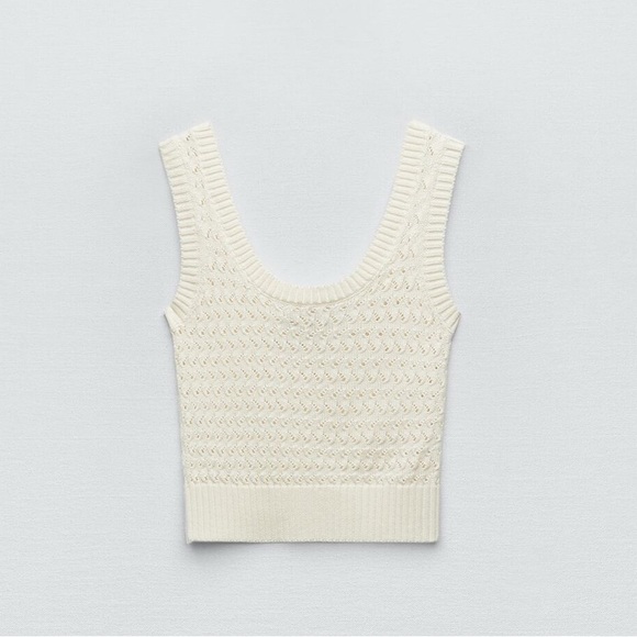 Zara Pointelle Knit Top XS Beige Like New - Picture 1 of 3